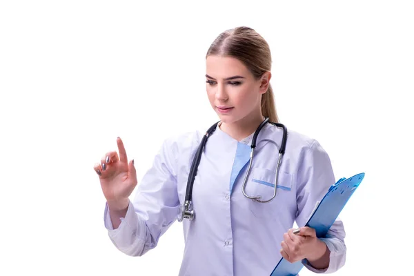Ung kvinna läkare isolerad på vit bakgrund — Stockfoto