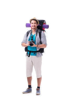 Beyaz arka plan üzerinde izole kamera ile Backpacker