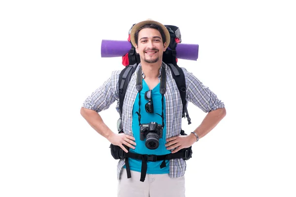 Beyaz arka plan üzerinde izole kamera ile Backpacker — Stok fotoğraf