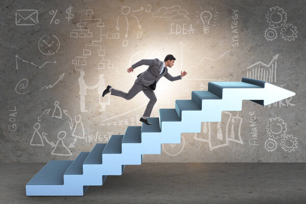 Businessman climbing career ladder in business concept