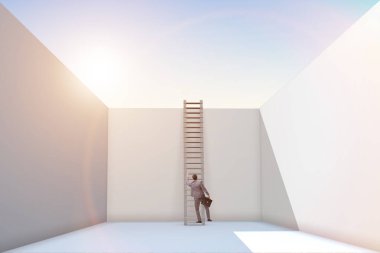 İşadamı sorunlardan kaçmak için merdivene tırmanıyor.