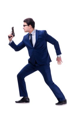 Beyaz arka plan üzerinde izole silahla işadamı