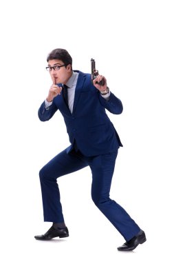 Beyaz arka plan üzerinde izole silahla işadamı