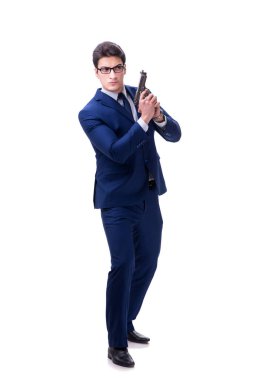 Beyaz arka plan üzerinde izole silahla işadamı