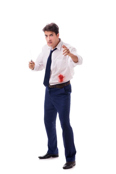 Wounded businessman with blood stains isolated on white backgrou — Stock Photo, Image