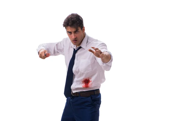 Uomo d'affari ferito con macchie di sangue isolato su backgrou bianco — Foto Stock