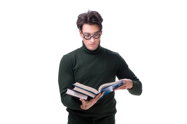 Nerd giovane studente con libri isolati su bianco — Foto Stock