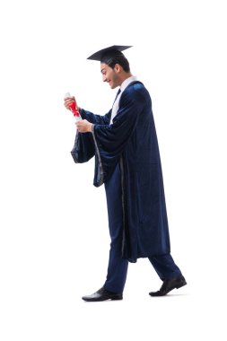 Öğrenci üzerinde beyaz izole onun mezuniyet töreninde heyecanlı