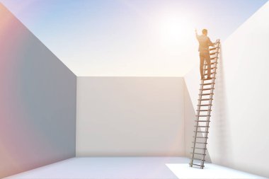 Businessman climbing a ladder to escape from problems clipart