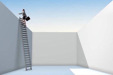 Businesswoman climbing a ladder to escape from problems clipart