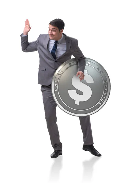 Affärsman med dollarmyntet isolerad på vit bakgrund — Stockfoto