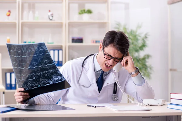 Young doctor looking at x-ray images in clinic — Stock Photo, Image