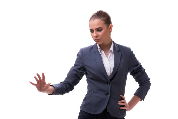 Young businesswoman pressing virtual button on white — Stock Photo, Image