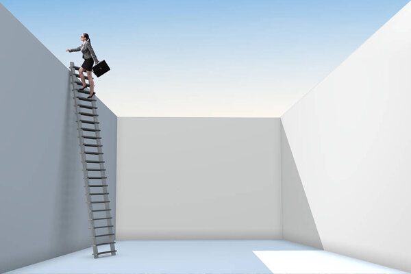 Businesswoman climbing a ladder to escape from problems