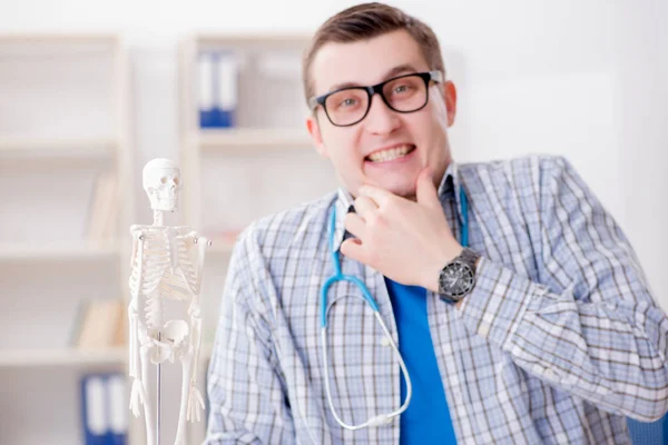 Estudiante de medicina estudiando esqueleto en el aula durante la conferencia —  Fotos de Stock