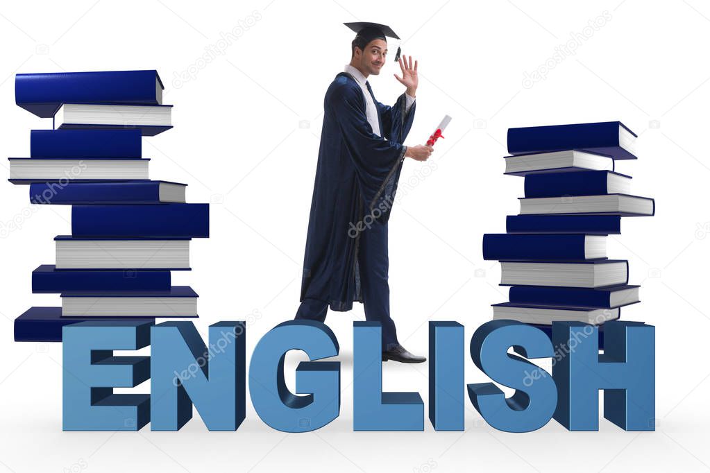 Young graduate in english language education concept on white