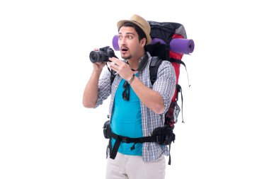 Beyaz arka plan üzerinde izole kamera ile Backpacker