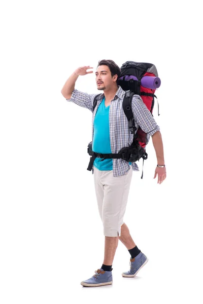 Backpacker mit großem Rucksack isoliert auf weiß — Stockfoto