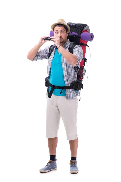 Backpacker mit großem Rucksack isoliert auf weiß — Stockfoto