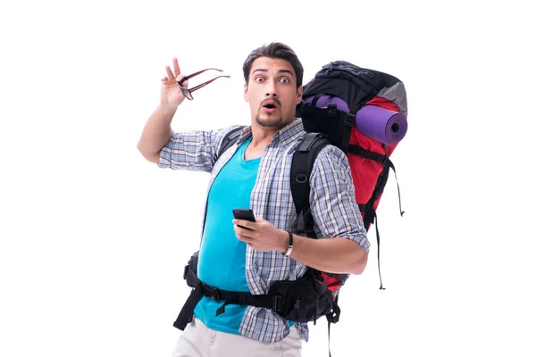 Backpacker with large backpack isolated on white — Stock Photo, Image