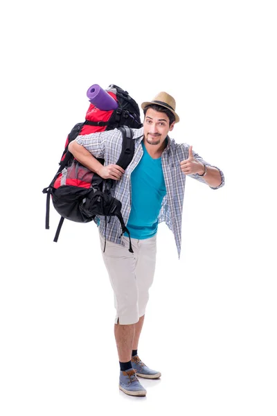 Backpacker with large backpack isolated on white — Stock Photo, Image