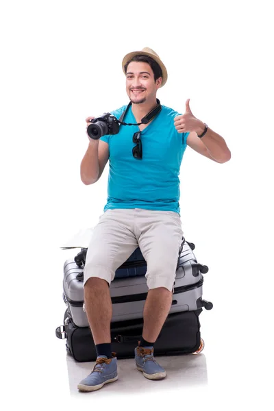 Traveler with much luggage isolated on white background — Stock Photo, Image