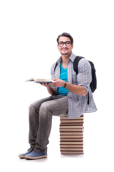 Young Student Sitting Top Book Stack White — Stock Photo, Image