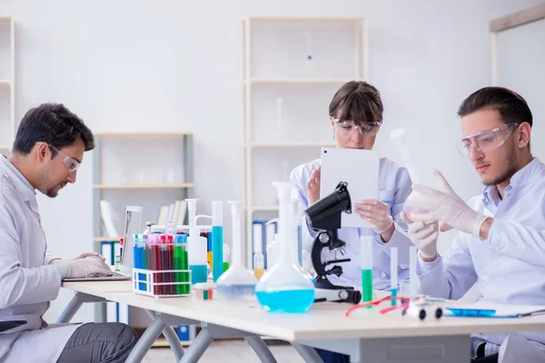 Equipe de químicos que trabalham no laboratório — Fotografia de Stock