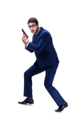 Beyaz arka plan üzerinde izole silahla işadamı