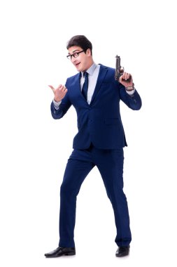 Beyaz arka plan üzerinde izole silahla işadamı