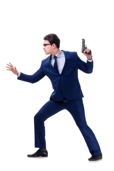 白い背景で隔離の銃を持ったビジネスマン — ストック写真