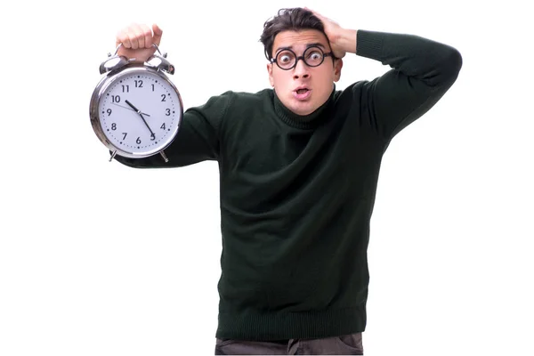 Nerd young money with giant clock isolated on white — Stock Photo, Image