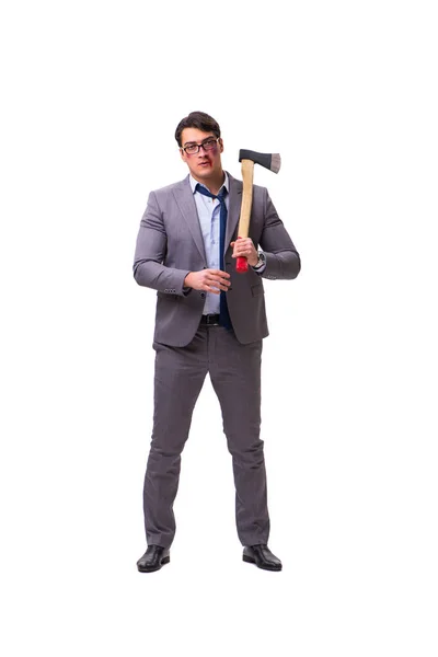 Angry businessman with axe isolated on white — Stock Photo, Image