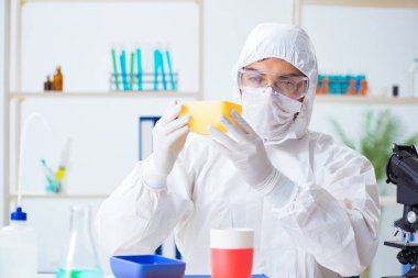 Plastik tabakları kontrol edip test eden kimyager.