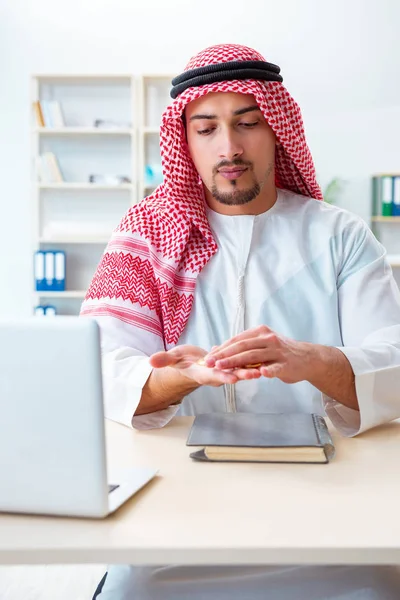 Arab man with bitcoin in cryptocurrency mining concept — Stock Photo, Image