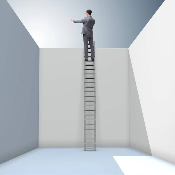 Zakenman klimt op een ladder om te ontsnappen aan problemen — Stockfoto