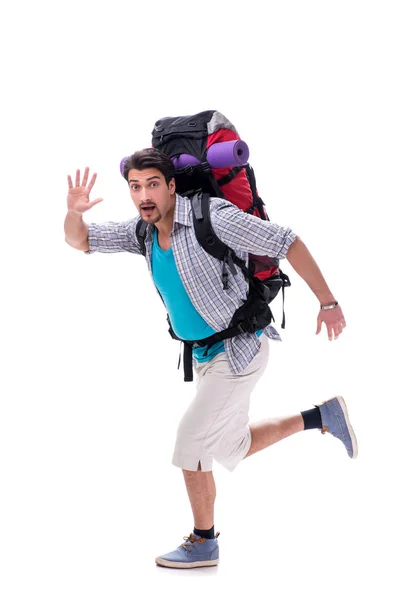 Backpacker mit großem Rucksack isoliert auf weiß — Stockfoto