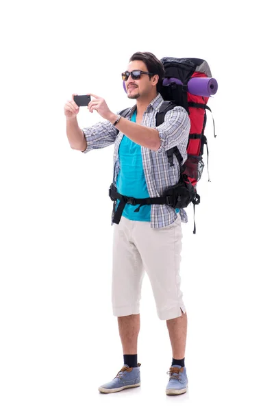 Backpacker mit großem Rucksack isoliert auf weiß — Stockfoto