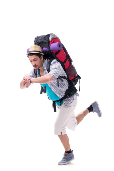Backpacker με μεγάλο σακίδιο που απομονώνονται σε λευκό — Φωτογραφία Αρχείου