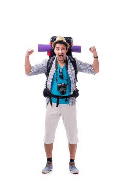 Backpacker con telecamera isolata su sfondo bianco — Foto Stock