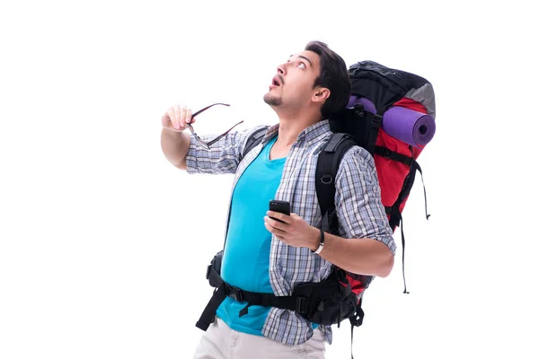 Backpacker z dużym plecakiem izolowane na białym — Zdjęcie stockowe