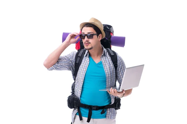 Tourist trying to find direction with laptop — Stock Photo, Image