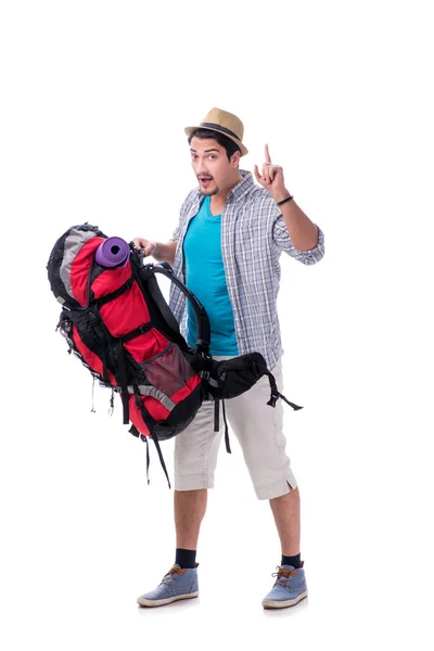 Backpacker με μεγάλο σακίδιο που απομονώνονται σε λευκό — Φωτογραφία Αρχείου
