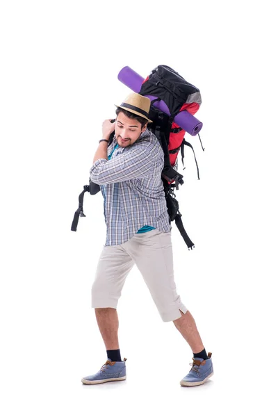 Backpacker mit großem Rucksack isoliert auf weiß — Stockfoto