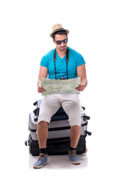 Traveler with much luggage isolated on white background