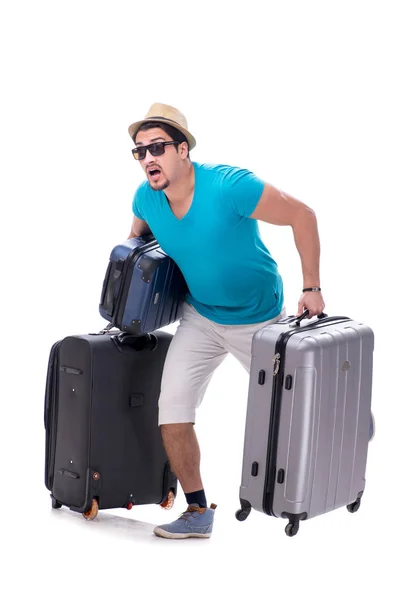 Traveler with much luggage isolated on white background — Stock Photo, Image