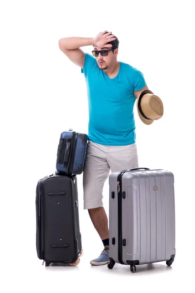 Resenär med mycket bagage isolerad på vit bakgrund — Stockfoto