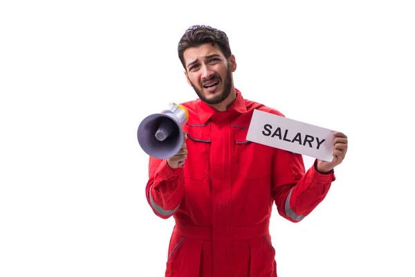 Homme en salopette avec message isolé sur blanc — Photo