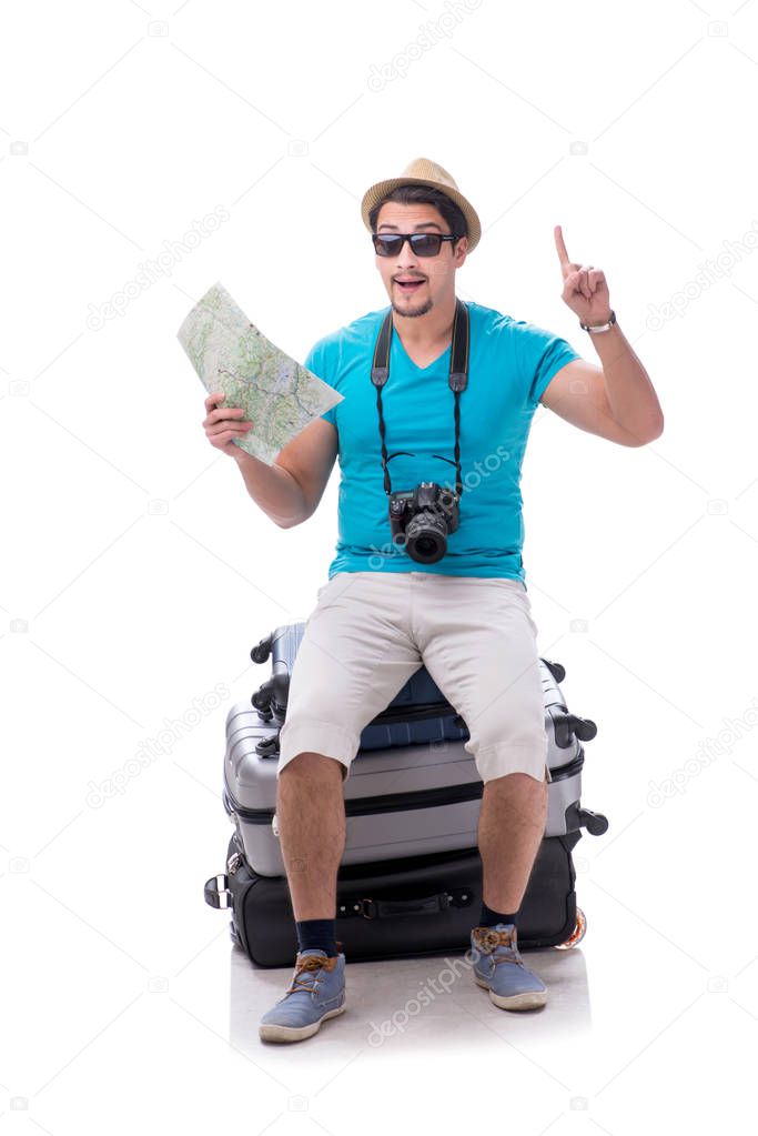 Traveler with much luggage isolated on white background