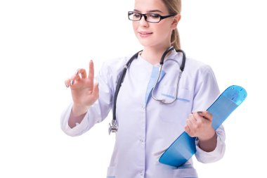 Genç kadın doktor beyaz arka planda izole edilmiş.